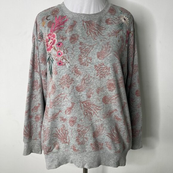 Johnny Was Tops - Johnny Was Women's Grey Nautical 3/4 Sleeve Floral Sweatshirt Size Small